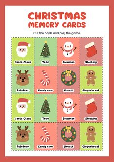 christmas memory cards for kids to play in the holiday themed game with santa claus, snowman