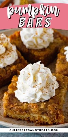 pumpkin bars with whipped cream on top and the title overlay reads, pumpkin bars