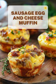 sausage egg and cheese muffins on a wooden board with the title above it