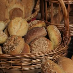 breads and rolls in wicker baskets on display