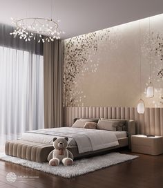 a bedroom with a teddy bear sitting on the floor in front of the bed and curtains