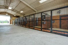 the inside of a building with several cages and animals in them, all lined up