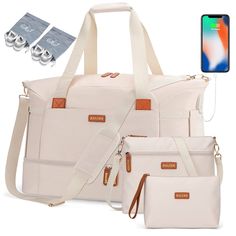 three pieces of white purses and two cell phones on the side, with an iphone in