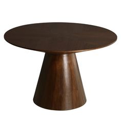 a round wooden table with an oval top and metal base, on a white background