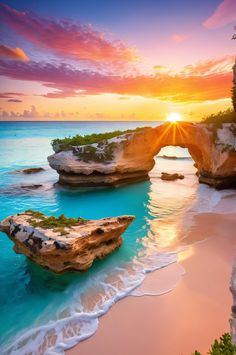 Experience the magic of Bermuda's Natural Bridges at sunset. Golden light illuminates dramatic limestone formations and crystal-clear waters revealing pink sand beaches. #Bermuda #Sunset #Travel Pink Sand Beaches, Phu Quoc Island, Ellery Queen, Pink Sand Beach, Sunset Rose, Rock Textures, Exotic Beaches, Golden Sunset, Phu Quoc