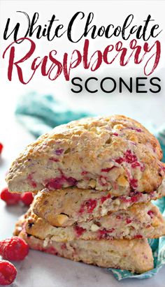 white chocolate raspberry scones stacked on top of each other with text overlay