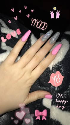 2016 Acrylic Nails, Solid Glitter Nails, Pink And Glitter Acrylic Nails, Barbie Pink Nails With Glitter, Pink Nails Korean, Cute Nails For Birthday Pink, Kawaii Pink Nails, Pink Sparkly Acrylic Nails, Pink Glitter Acrylic Nails