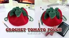 two crochet tomato pouches sitting on top of a table next to a computer