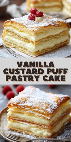 vanilla custard puff pastry cake with raspberries and powdered sugar on top