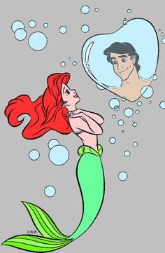 ariel from the little mermaid is looking at herself in the mirror with bubbles around her