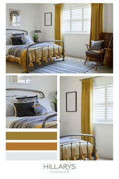 three different pictures of a bedroom with yellow curtains and bed linens in the same color scheme