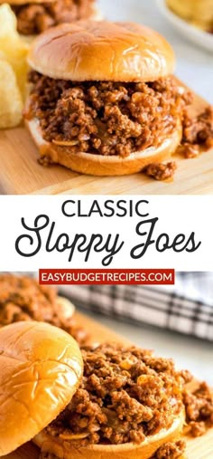 two sloppy joes are stacked on top of each other with the words classic sloppy joes above them