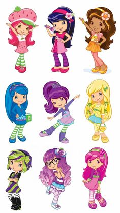 cartoon girls with different hair styles and colors, all dressed up in their own outfits