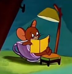 a cartoon mouse reading a book under a lamp