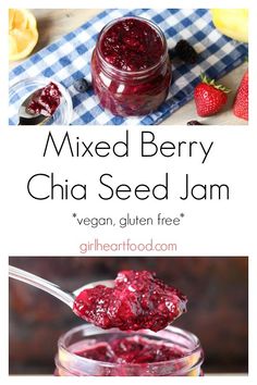 mixed berry chia seed jam in a jar with spoon