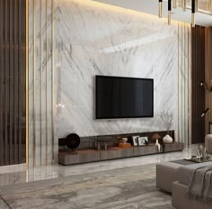 an elegant living room with marble walls and flooring is shown in this rendering image