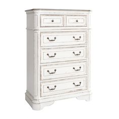 an old white dresser with drawers and knobs on the bottom drawer, against a white background