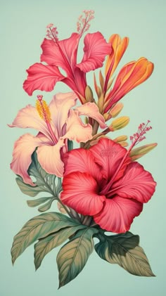 a painting of pink and red flowers with green leaves on a light blue back ground