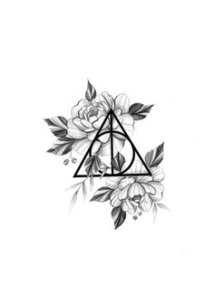 the deathly triangle with flowers and leaves on it is drawn by hand in black ink