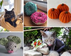 there are many crocheted items in this collage, including pumpkins and cats