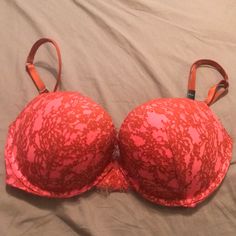 Bright Pink And Dark Orange Lace Embellished Push Up Bra From The Vs Very Sexy Collection, Nwt Pink Party Bra With Lined Body, Party Pink Bra With Padded Cups, Pink Underwire Bra For Party, Pink Lined Bra For Party, Pink Padded Party Bra, Low-cut Pink Bra With Lined Body, Pink Low-cut Lined Bra, Low-cut Lined Pink Bra, Party Pink Bra With Lace Trim