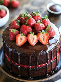 a chocolate cake with strawberries on top