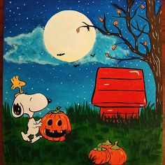 Cuadro, pintar, acrílico, Snoopy Snoopy Halloween Paintings On Canvas, Halloween Painting Snoopy, Fall Painting Ideas Aesthetic, Snoopy Halloween Painting, Disney Halloween Painting, Cute Fall Paintings Easy, Cute Spooky Paintings, Snoopy Canvas Painting, Charlie Brown Painting