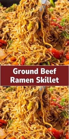 the ground beef ramen skillet is being stirred with noodles and broccoli