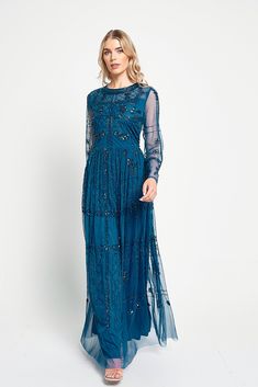 Maya Blue Embellished Maxi Dress Embellished Bridesmaid Dress, Maya Blue, Cape Dresses, Sleeved Maxi Dress, Mykonos Blue, Frock And Frill, Dresses Date Night, Embellished Maxi Dress, White Long Sleeve Dress