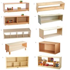 various wooden shelves with toys on them