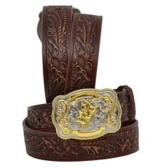 3D Western Boys Belt Kids Leather Floral Tooled Brown D4714 Floral tooled full-grain leather belt Removable gold and silver tone bullrider buckle Measures: 1 1/4" wide Our belts are sized to the middle hole. We measure our belts from the fold of the leather to the middle hole on the belt. Western Boys, Boy Western, Boys Belt, Western Belt, Leather Floral, The Fold, Full Grain Leather, Gold And Silver, Leather Belt