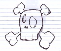 a drawing of a skull and crossbones on lined paper