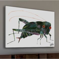 a painting of a grasshopper with orange eyes on it's head and legs