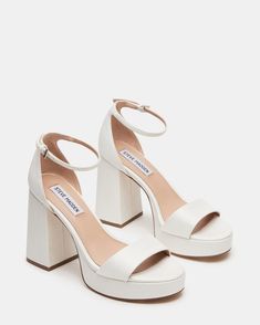 MYTHIC White Satin Platform Block Heel | Women's Heels Graduation Shoes Heels, Hoco Heels, White Heels Outfit, Graduation Heels, Bridesmaids Heels, Graduation Shoes, Bride Heels