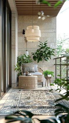 an outdoor patio with plants and furniture