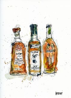 three bottles of liquor sitting next to each other on a white surface with watercolor splashes