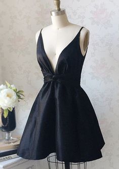 A-line Plunge Sleeveless V Back Black Taffeta Short Mini Homecoming Dr - Princessly Black Formal Prom Dresses, Evening Dress Black, Mini Homecoming Dresses, Satin Noir, Ruffle Fabric, Satin Short, Black Formal, Homecoming Dresses Black, Short Homecoming Dress