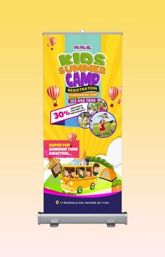 Roll up banner design for summer kids camp festivals. Roller Banner Design, Banner Design Ideas, Roll Up Banner Design, Kids Summer Camp, Kids Festival, Kids Banner, Standee Design, Roller Banner, Roll Up Design