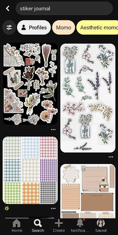 the sticker journal app is open and showing several different designs on it, including flowers