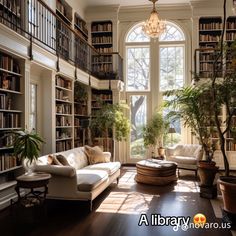 a living room filled with lots of furniture and bookshelves next to a window