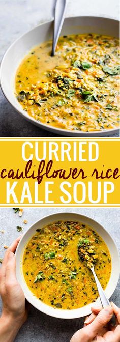 two bowls of curried cauliflower rice with kale soup