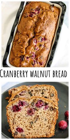 cranberry walnut bread in a loaf pan and on a black plate with raspberries