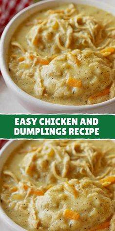 easy chicken and dumplings recipe in a white bowl