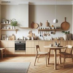 the kitchen is clean and ready for us to use it's natural wood flooring