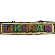 a wooden sign that says tiki bar with colorful lettering on the front and bottom