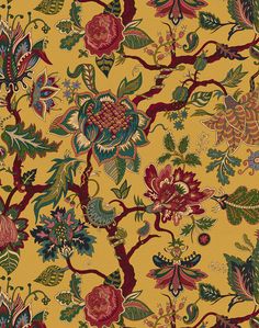 a yellow background with red, green and blue floral designs on it's sides