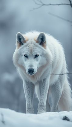 a white wolf with blue eyes walking through the snow in front of some bare trees