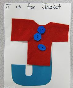 the letter j is for jacket made out of felt with buttons on it's back