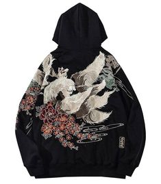 Sweat Renard Japanese Hoodie, Fox Hoodie, 90s Fashion Men, Fox Embroidery, Loose Hoodie, Streetwear Hoodie, Style Japonais, Japanese Streetwear, Embroidered Hoodie