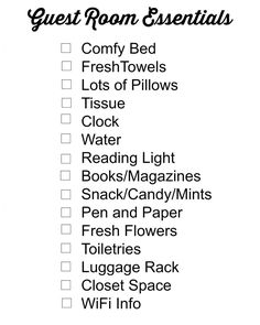 the guest room essentials list is in black and white, with text on it